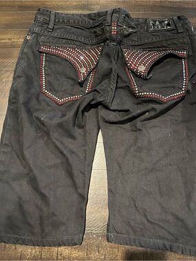 Men's Robin’s Jean Black Jeans Shorts with Red Studded Pocket Accents 38